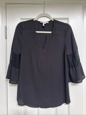 BCBGeneration Black V-Neck Blouse with Tiered Bell Sleeves